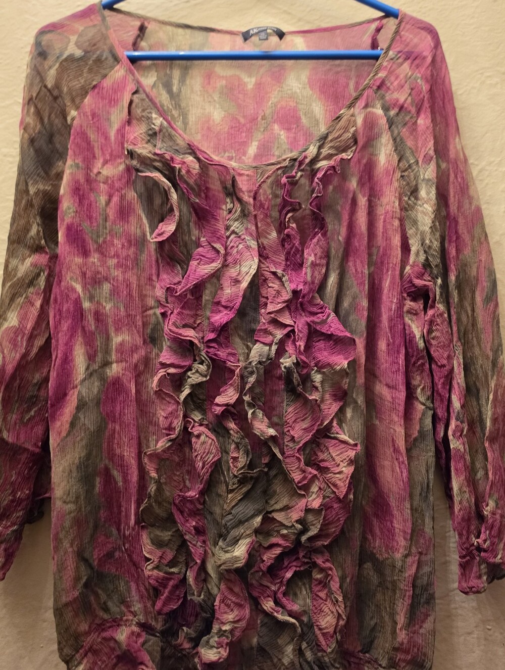 Anne Klein 100% Silk Ruffle Blouse XL Pink Floral Sheer Top